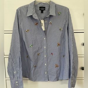J. Crew Perfect Striped Poplin Shirt with Jewel Embellishments